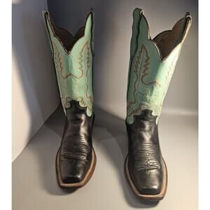 Turquoise Justin Black Leather Punchy Square Toe Western Boots US Women's 7.5 B